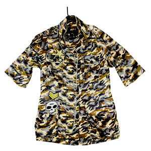 TOV sz 38 Holy G Satin Camo Shirt Jacket Women‎ Diagonal Zip Front Army Green